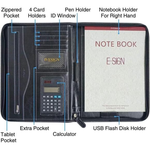 Portfolio Organizer folder Faux Leather Business Padfolio with Calculator - Picture 3 of 7
